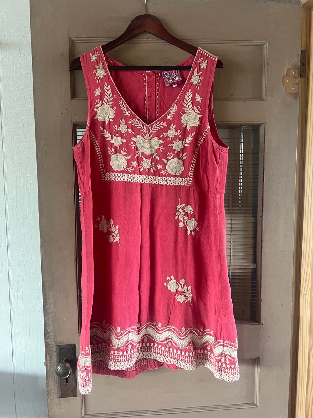 Johnny Was Coral Pink Embroidered Cotton Mini Dress